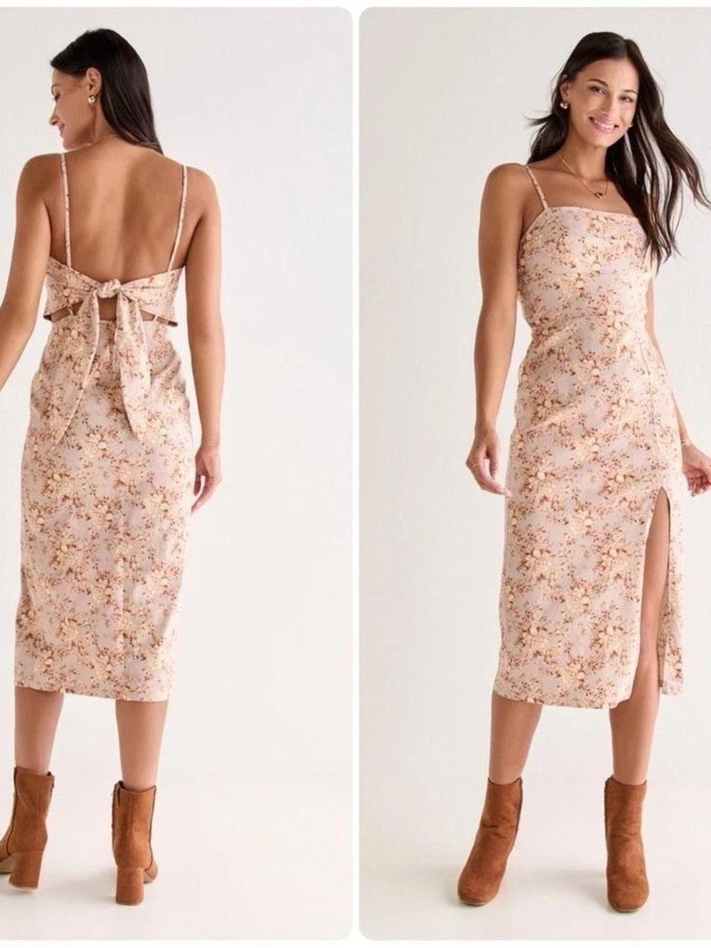 Floral Spaghetti-Strap Slit Dress with Tie-Back
